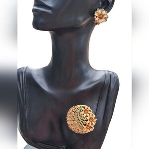 Vintage Enamel Floral Brooch & Clip Earrings Set | Mid-Century Amber Rhinestone